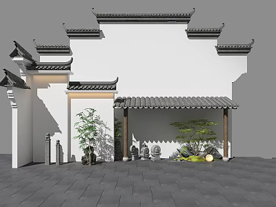 Traditional Chinese Building Facade With White Wall Overhanging Eaves Tile Roof And Green Plants 3d model