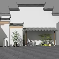 Traditional Chinese Building Facade With White Wall Overhanging Eaves Tile Roof And Green Plants