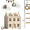 Kids Room Decorations With Wooden Toy House Bunting Flags Clouds Climbing Ladder And Gym Rings