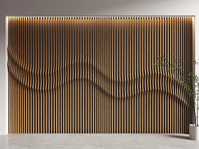 Modern Sofa Backdrop Wall With Wavy Wooden Stripes And Potted Plant 3d model