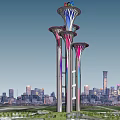 Illuminated Landscape Sculpture With Three Towers Olympic Rings And City Water Reflection