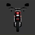 Red Motorcycle With Blue Accents Black Seat White Wheels And Reflective Surface