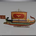 Ancient Sailing Vessel With Red Sails Golden Eagle Emblem Flags Rowing Oars And Ornate Hull