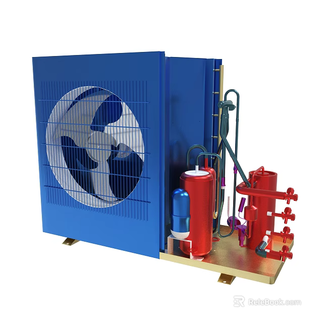 Industrial Cooling System With Blue Fan Unit And Red Piping Components 3d model 