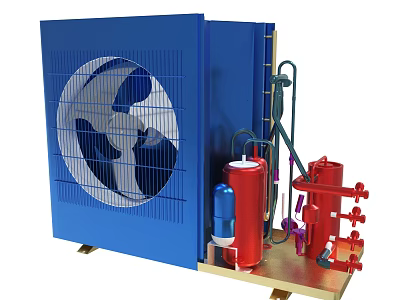 Industrial Cooling System With Blue Fan Unit And Red Piping Components 3d model