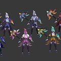 Detailed Blue Purple Game Character Holding Ornate Weapon In Multiple Poses
