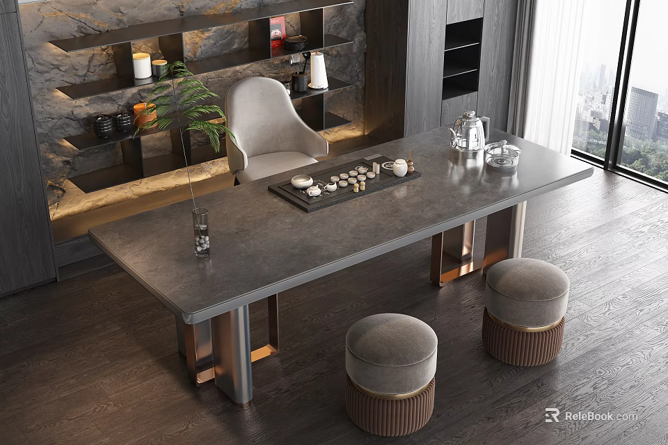 Modern Tea Table With Matching Chair And Stools Stone Top Metal Legs And Tea Set 3d model 