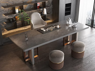 Modern Tea Table With Matching Chair And Stools Stone Top Metal Legs And Tea Set 3d model