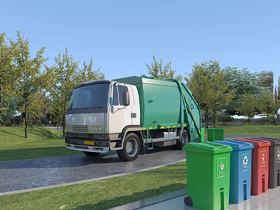 Green Garbage Utility Vehicle with Different Colored Recycling Bins in Outdoor Setting with Trees and Grass 3d model