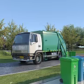 Green Garbage Utility Vehicle with Different Colored Recycling Bins in Outdoor Setting with Trees and Grass