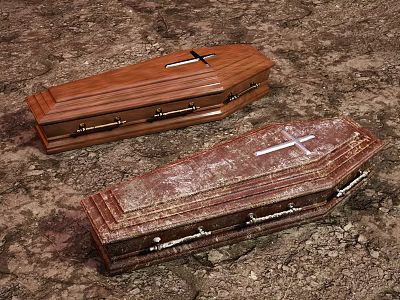 New And Aged Wooden Coffins On Dirt Ground With Crosses Metal Handles 3d model