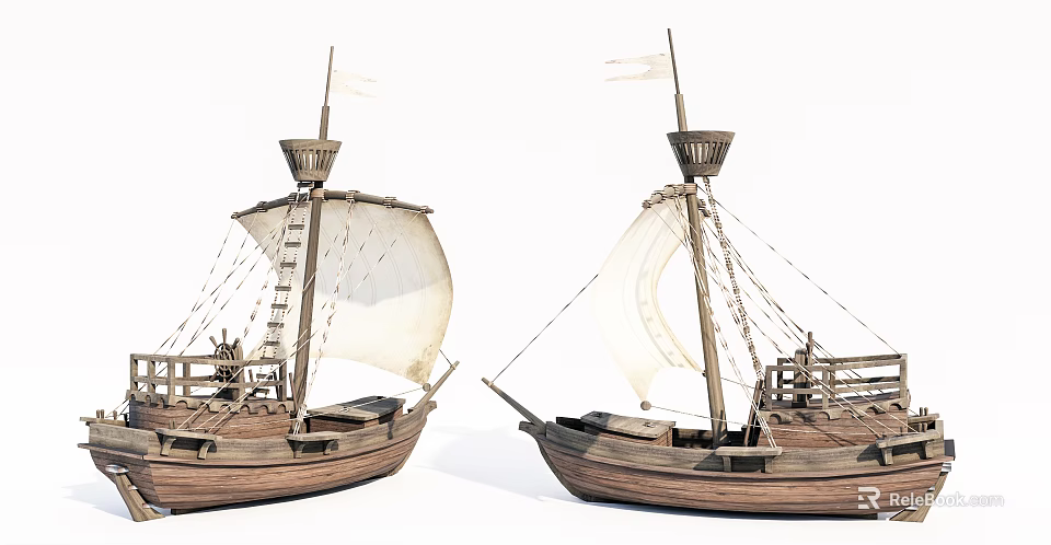 Two Wooden Sailing Boats With White Sails And Masts On White Background 3d model 