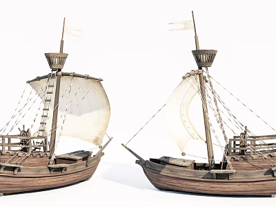 Two Wooden Sailing Boats With White Sails And Masts On White Background 3d model