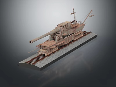Detailed Historical Military Railway Gun Model With Rail Track Base Structure 3d model
