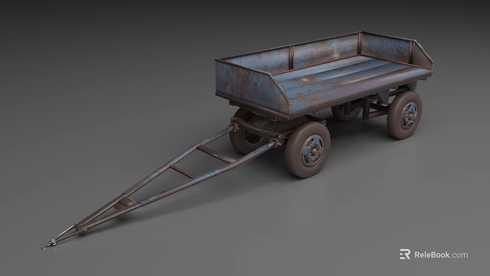 Rusty Metal Four Wheel Cargo Wagon With Open Bed And Tow Bar 3d model 