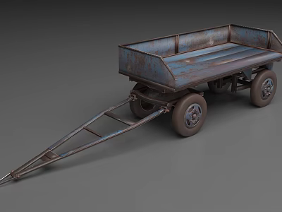 Rusty Metal Four Wheel Cargo Wagon With Open Bed And Tow Bar 3d model
