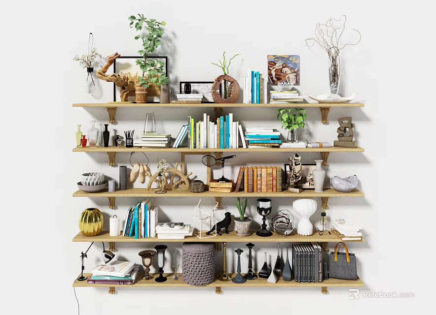 Stylish Decorative Ornaments Collection On Multi Tiered Shelf With Vases Books Plants And Frames 3d model 