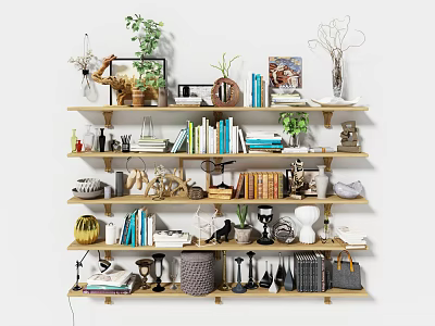 Stylish Decorative Ornaments Collection On Multi Tiered Shelf With Vases Books Plants And Frames 3d model