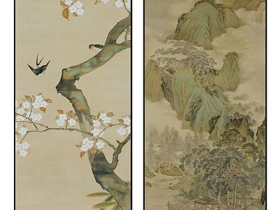 Traditional Chinese Landscape Painting With Blossom Branches Bird And Mountain Scenery 3d model