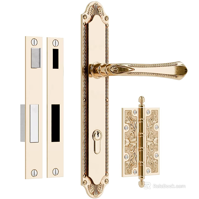 Golden Decorative Door Handle With Ornate Lock Plate And Hardware Accessories 3d model 