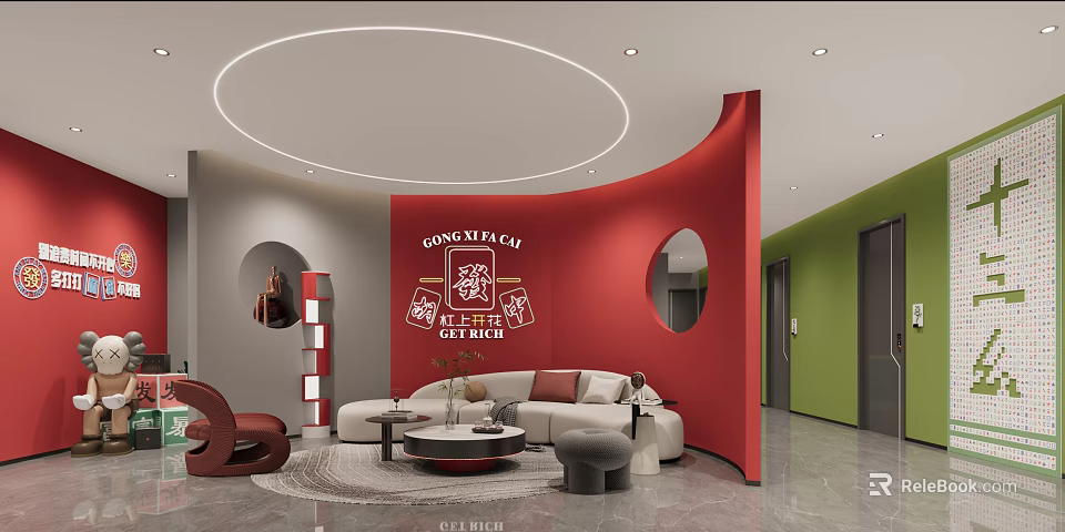 Hotel Mahjong Room With Red Wall Modern Design Sofa And Coffee Table 3d model 