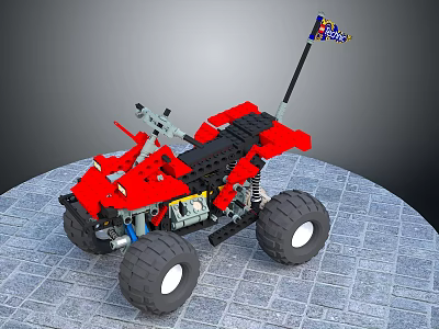 Red Building Blocks Off-Road Vehicle Model With Large Wheels And Decorative Flag 3d model