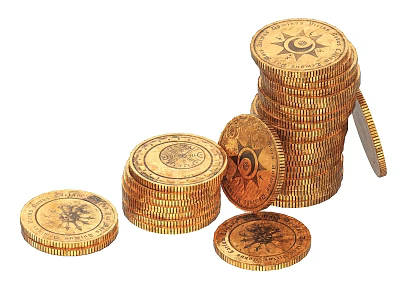 Stacked and Scattered Gold Coins with Sun Symbol Design on White Background 3d model