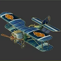 Blue Biplane Passenger Aircraft Model With Orange Cloud Patterns Transparent Material Black Background 3d model