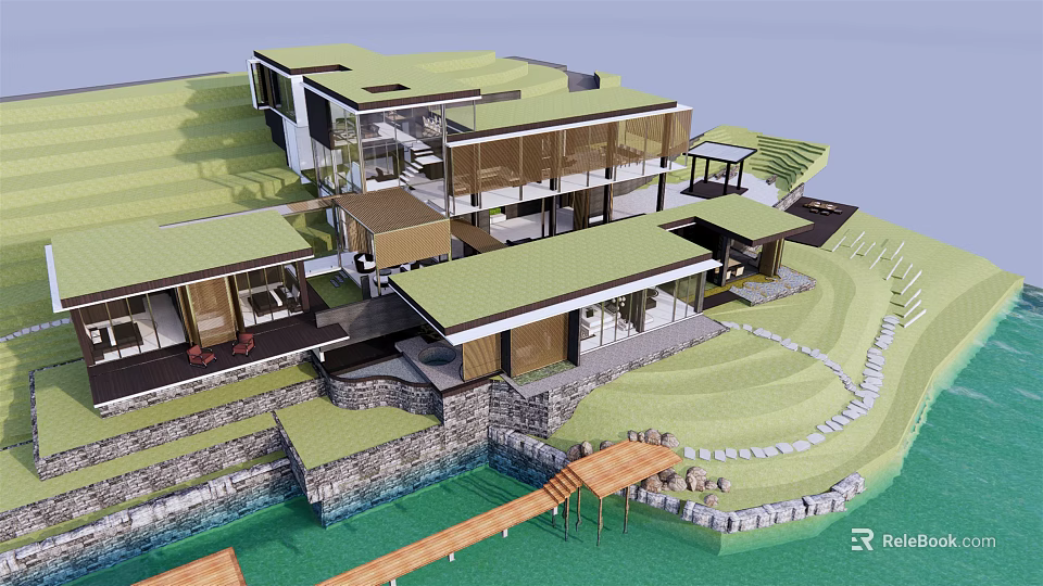 Modern Vacation Villa Building with Green Roof Glass Walls Wooden Walkway on Sloped Waterfront Terrain 3d model 
