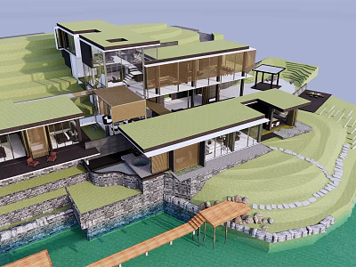 Modern Vacation Villa Building with Green Roof Glass Walls Wooden Walkway on Sloped Waterfront Terrain 3d model