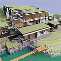 Modern Vacation Villa Building with Green Roof Glass Walls Wooden Walkway on Sloped Waterfront Terrain