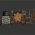 Artisan Workshop Scene With Wooden Frame Stone Wall Workbench Red Cabinet Easel And Tools