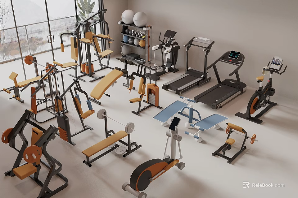 Comprehensive Fitness Equipment Set with Treadmills Dumbbells Exercise Benches and Bikes 3d model 