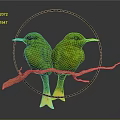 Decorative Ornament Set With Green Birds On Branch And Black Circular Frame Yellow Feet