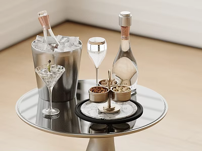 Wine Bottles And Glasses On Glass Table With Ice Bucket 3d model