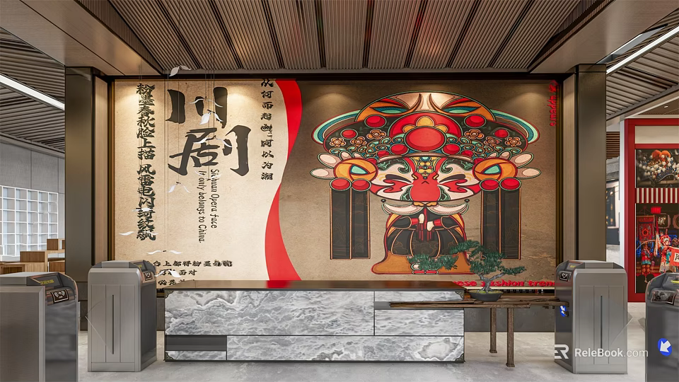 Chuan Opera Themed Exhibition Hall With Traditional Mask Wall Decor And Marble Reception Desk 3d model 