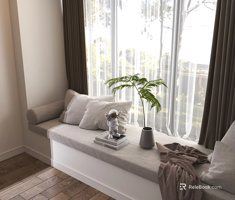 Cozy Bay Window Seat With Cushions Pillows Green Plant Books And Blanket 3d model 