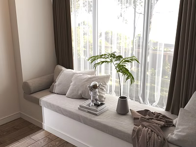 Cozy Bay Window Seat With Cushions Pillows Green Plant Books And Blanket 3d model