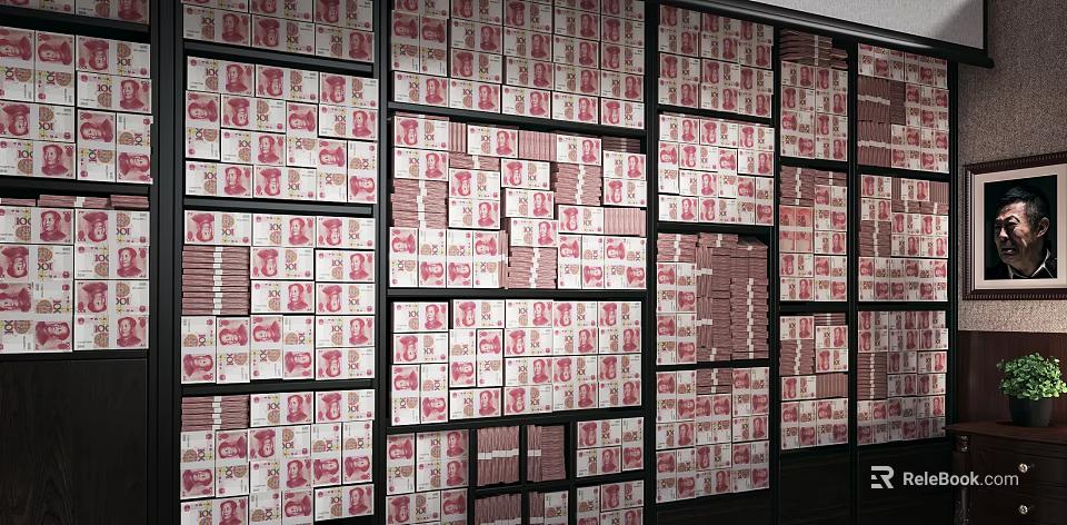 Multiple Black Bookcases With Neatly Stacked Red Patterned Text Papers Densely Orderly Arranged 3d model