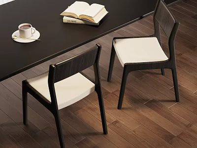 Black Frame Dining Chairs With White Cushion On Wooden Floor Featuring Open Book And Coffee 3d model