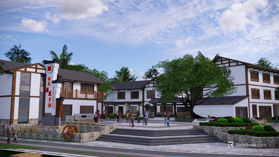 Traditional Chinese Architecture Square With Stone Steps Trees People And Signboard 3d model 