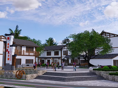 Traditional Chinese Architecture Square With Stone Steps Trees People And Signboard 3d model
