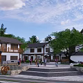 Traditional Chinese Architecture Square With Stone Steps Trees People And Signboard