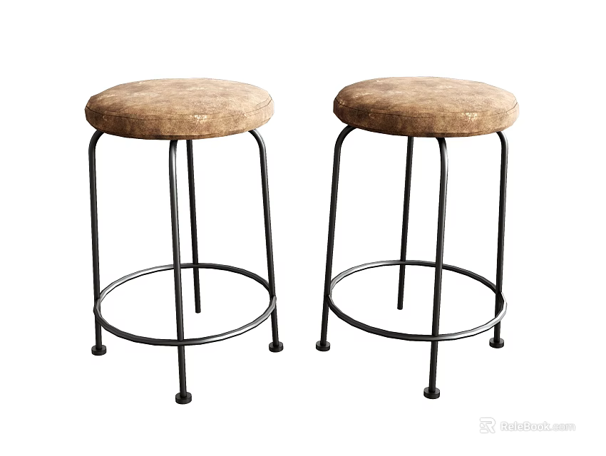 Two Brown Padded Bar Stools With Black Metal Frames And Sturdy Base 3d model 