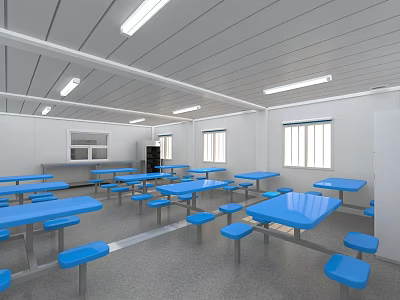 Clean Canteen Interior With Blue Tables And Stools 3d model