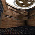 Modern Theater Auditorium Interior With Wooden Tiers Blue Seats And Ceiling Lighting