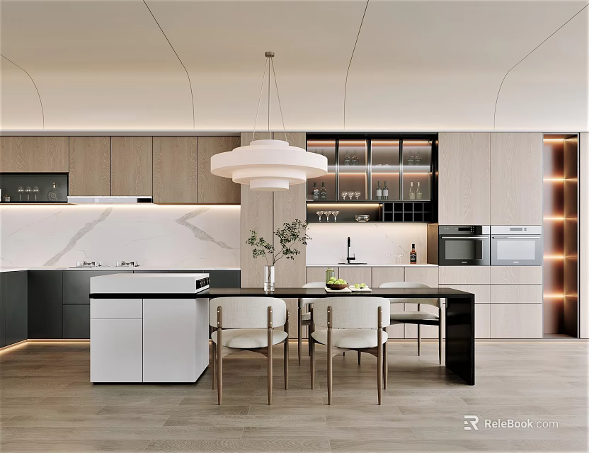 Modern Restaurant Kitchen with Wooden Cabinets White Pendant Light Marble Countertop Dining Table and Chairs 3d model 