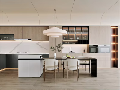 Modern Restaurant Kitchen with Wooden Cabinets White Pendant Light Marble Countertop Dining Table and Chairs 3d model