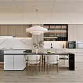 Modern Restaurant Kitchen with Wooden Cabinets White Pendant Light Marble Countertop Dining Table and Chairs
