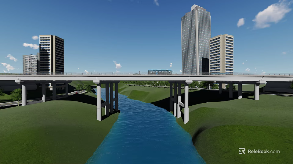 Modern Bridge Over River With Tall Buildings Green Grass And Blue Sky 3d model 